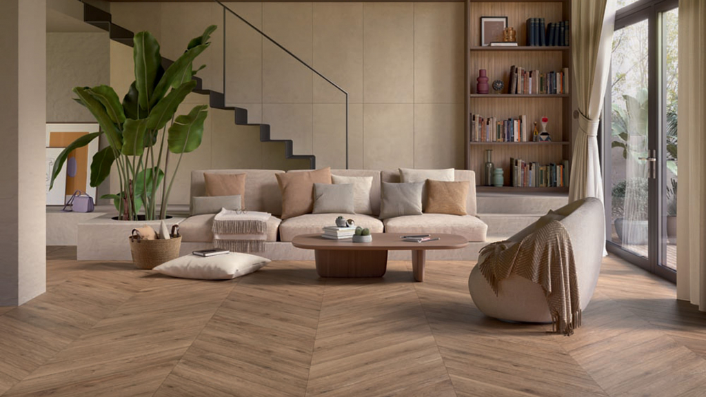 Side-by-side comparison Caesar Cocoon wood-effect and Slab2 stone-effect porcelain tiles for UAE luxury architecture specification