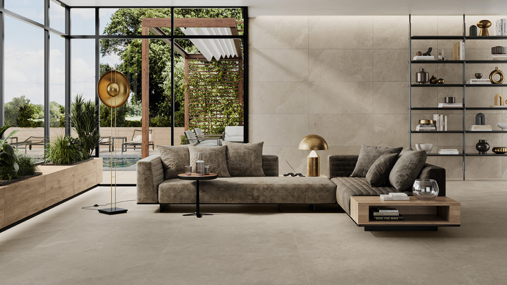 Caesar Slab2 porcelain continuous uninterrupted floor from luxury UAE villa interior living space to outdoor terrace pool area Caesar Slab2 porcelain continuous uninterrupted floor from luxury UAE villa interior living space to outdoor terrace pool area